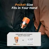 Pocket-sized orange portable fan attached to a backpack, lightweight at 4.3 oz, easy to carry and travel.