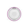 Top view of circular white smart home device with pink border on white background