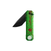 Green folding knife with red blood splatter pattern, black blade, and integrated LED flashlight on black background