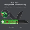 Green pocket knife showing flipper and button lock deployment mechanism with red blood splatter design