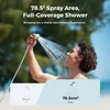 Man enjoying a flextail shower with 78.5 cm² full coverage spray, contrasted with a smaller 32 cm² spray.