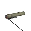 Olive drab tactical flashlight with pocket clip charging via magnetic USB cable on white background