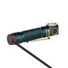 Dark green Olight headlamp charging via magnetic tailcap with black cable, gold clip.