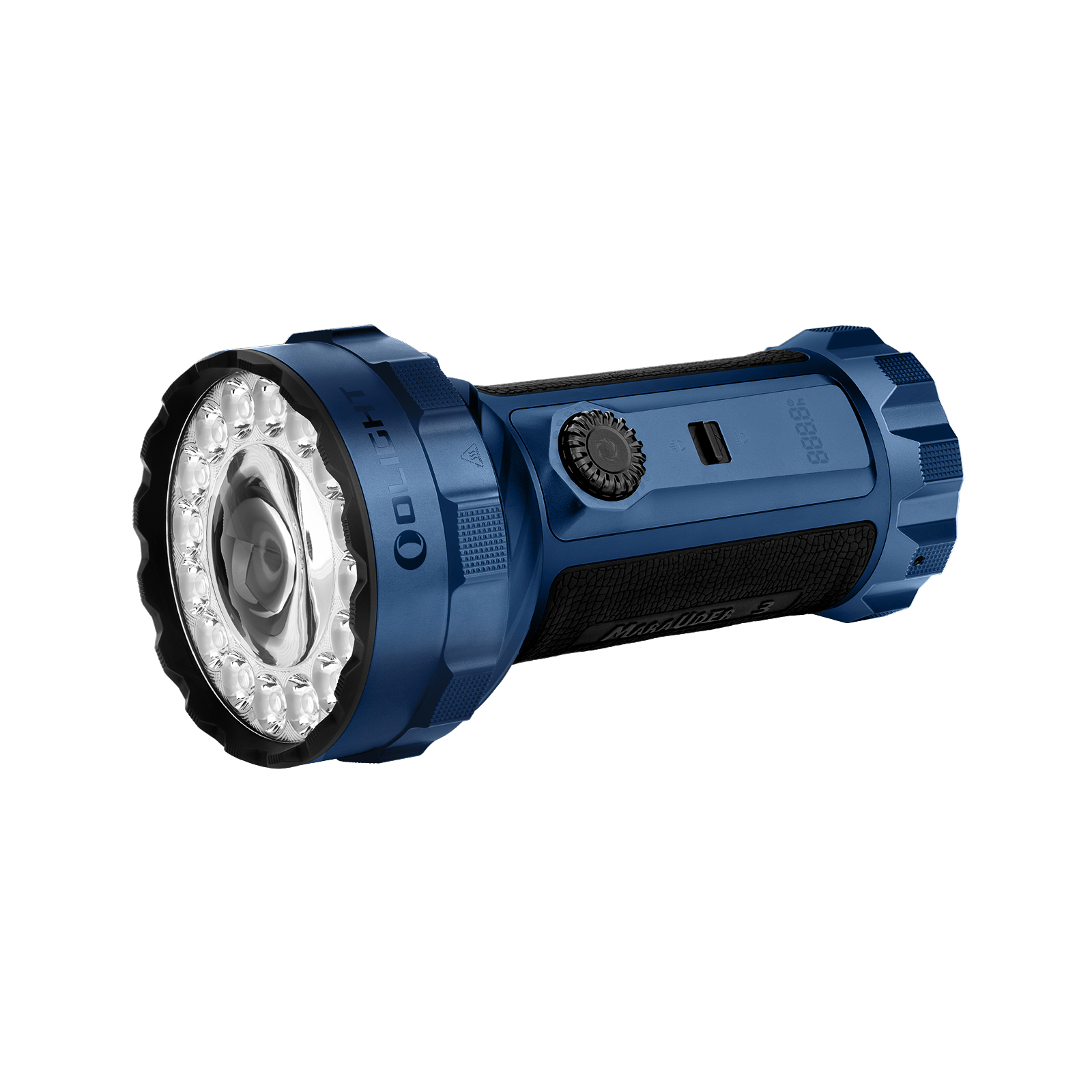 Olight Marauder 2 powerful blue rechargeable LED flashlight on white background