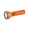 Orange LED flashlight with diamond texture grip, multi-lens head, and dual control switches for tactical use