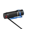 Olight Baton 4 Premium Edition flashlight in black with blue accents, showing the magnetic charging cable attached, for everyday carry.