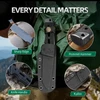 Tactical survival knife in a black Kydex sheath attached to a green outdoor backpack with close-ups of product features
