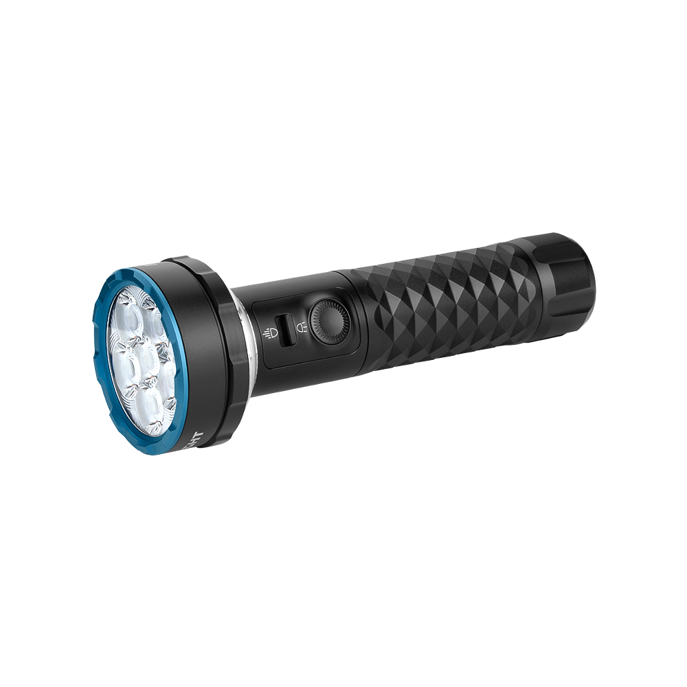 Powerful black LED flashlight with a textured grip, blue bezel, and multiple light modes for outdoor use