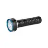 Powerful black LED flashlight with a textured grip, blue bezel, and multiple light modes for outdoor use