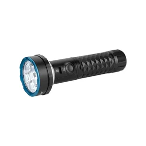 Powerful black LED flashlight with a textured grip, blue bezel, and multiple light modes for outdoor use