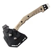 Tactical breaching axe with tan textured handle, integrated crowbar end, and black protective Kydex sheath.