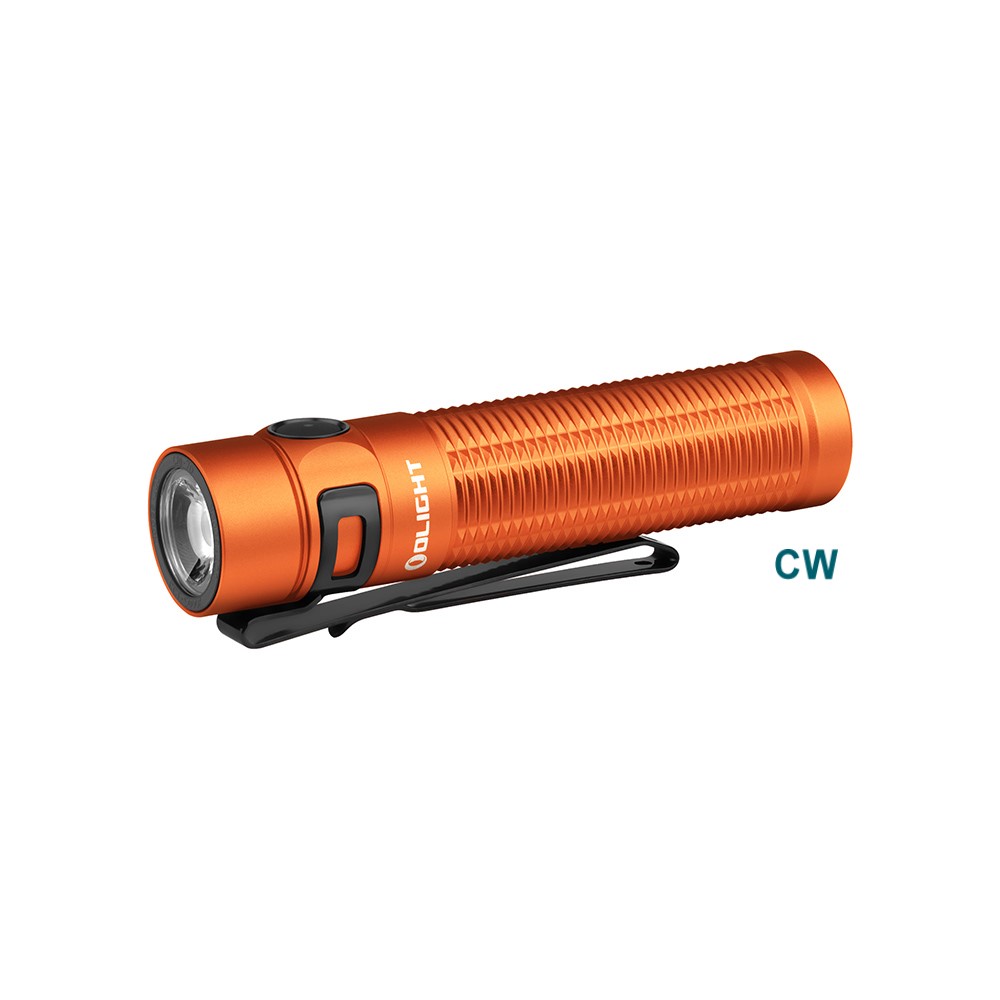 Olight orange flashlight with a black clip, white background, CW written on the right side of the flashlight