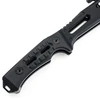 Tactical folding knife with textured black G10 handle scales and finger groove on white background