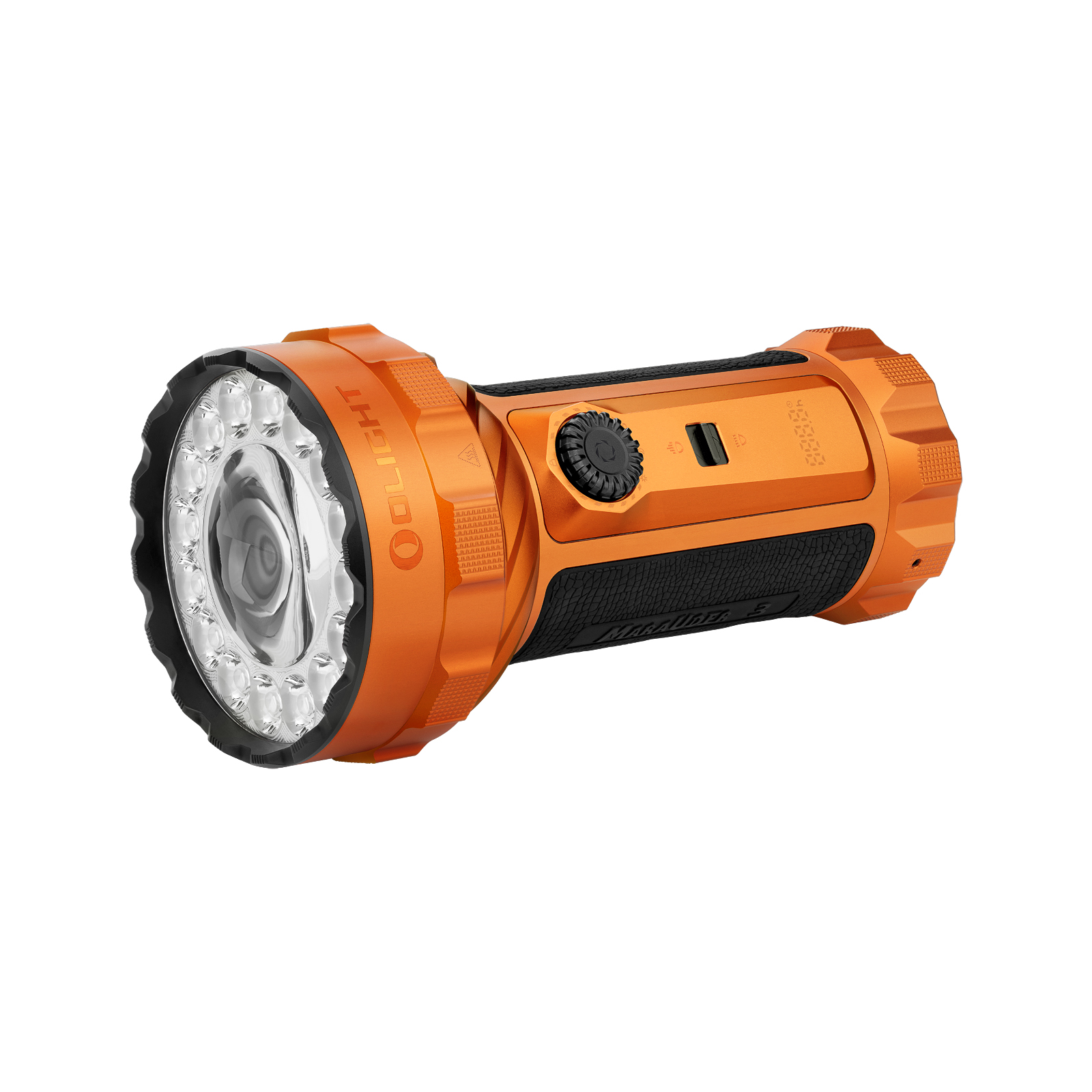 Olight Marauder 2 powerful orange rechargeable LED flashlight with textured black grip on white background