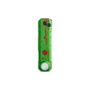Green flat EDC flashlight with red blood splatter pattern on black background