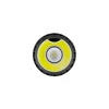Close-up top view of a high-performance LED flashlight lens and yellow reflector system on a white background.of
