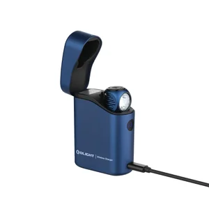 Olight Blue Perun 3 Mini Headlamp Charging in Baton 4 Premium Wireless Charger Case with USB-C Cable for Everyday Carry