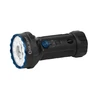 Olight Marauder Mini 2 flashlight with blue bezel and control knob, black body.