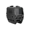 Tactical enclosed holographic red dot sight with riser mount isolated on white background