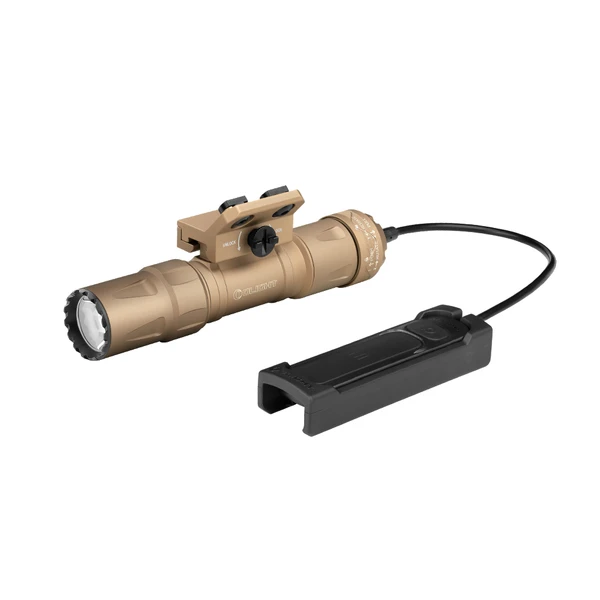 Desert tan tactical weapon light with remote pressure switch, mounted to a rifle