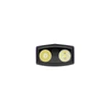 Close-up front view of a dual-lens LED headlamp on a plain white background.