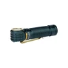 Perun 3 dark green right-angle LED flashlight with gold pocket clip and brass bezel