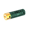 Green Olight AA Li-ion 3.7V 2100mAh battery, gold terminals, white background.