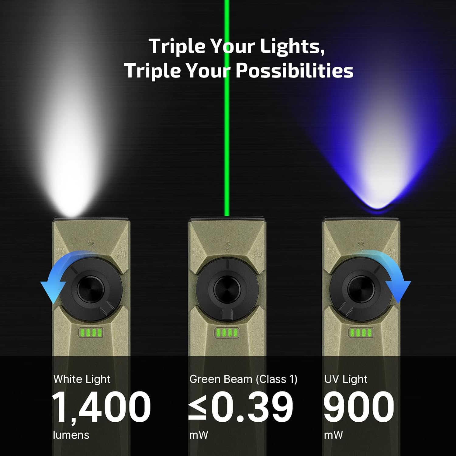 Arkfeld Ultra Flat EDC Torch 1400LM LED UV Green Laser Flashlight
