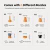 6 versatile nozzles for inflatable products: water toys, air mattresses, pillows, storage bags, and tripod connector.