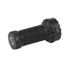Black and blue rechargeable handheld flashlight with textured grip, hot surface warning, and charging port
