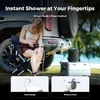 Woman showering outdoors with a portable shower and car in background; features smart hook and rotary switch.