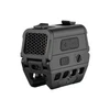 Black tactical enclosed red dot sight with honeycomb killflash filter and rail mount on white background