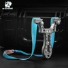 HX Outdoors titanium alloy slingshot with blue flat rubber band and black hard carrying case background