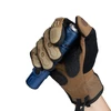 Gloved hand holding a blue tactical flashlight isolated on a white background