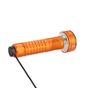 An orange flashlight with a textured grip and a lanyard, isolated on a white background.
