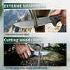 Sharp outdoor survival knife cutting rope and carving wood chips with precision ground edge outdoors