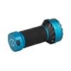 Blue and black industrial flashlight, hot surface warning, white background, right side view