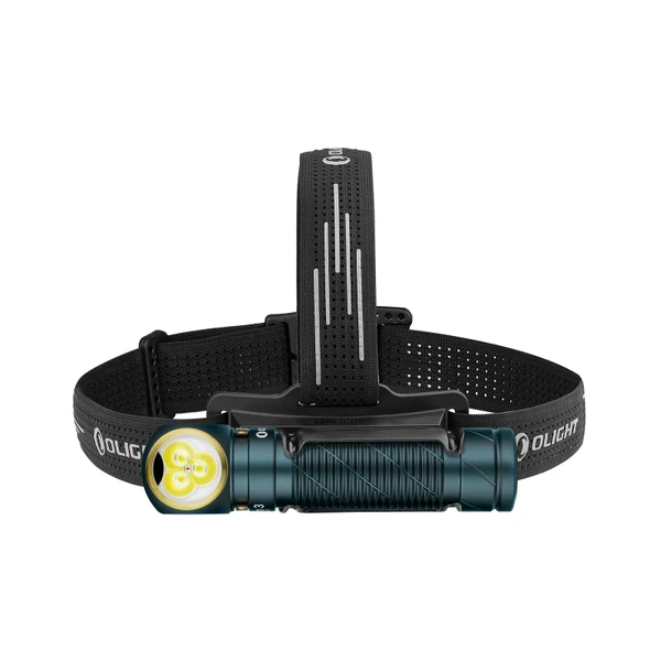 Olight teal headlamp with three bright LEDs and black elastic strap for hands-free outdoor lighting.