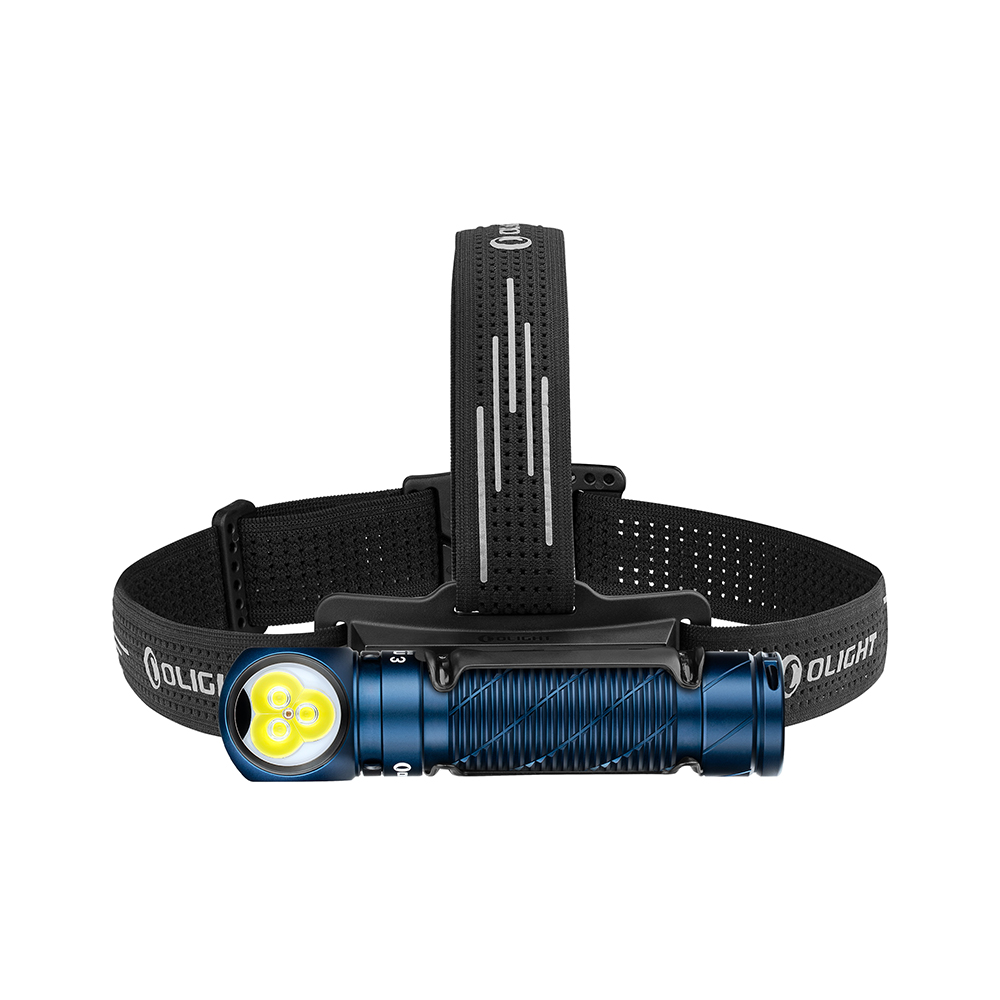 Olight blue headlamp, three bright LEDs, black adjustable strap.