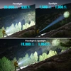 Comparison of flashlight floodlight, spotlight, and combined modes in outdoor mountain night scene with lumen specs
