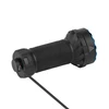 Black and blue rechargeable spotlight with a textured grip and a charging cable attached.