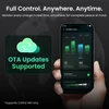 Smartphone displaying battery charging app, cloud update icon, "Full Control. Anywhere. Anytime." text, and "OTA Updates Supported".