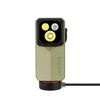 Olight olive green rectangular flashlight with triple LED lenses on a magnetic charging base against white background
