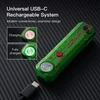Green and red splatter USB-C rechargeable EDC flashlight showing charging status indicators.