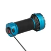 Blue flashlight with textured black grip and charging cable.
