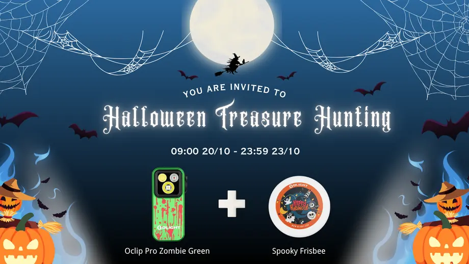Halloween Treasure Hunting invitation featuring Olight Oclip Pro Zombie Green, Spooky Frisbee, witch, bats, and pumpkins.