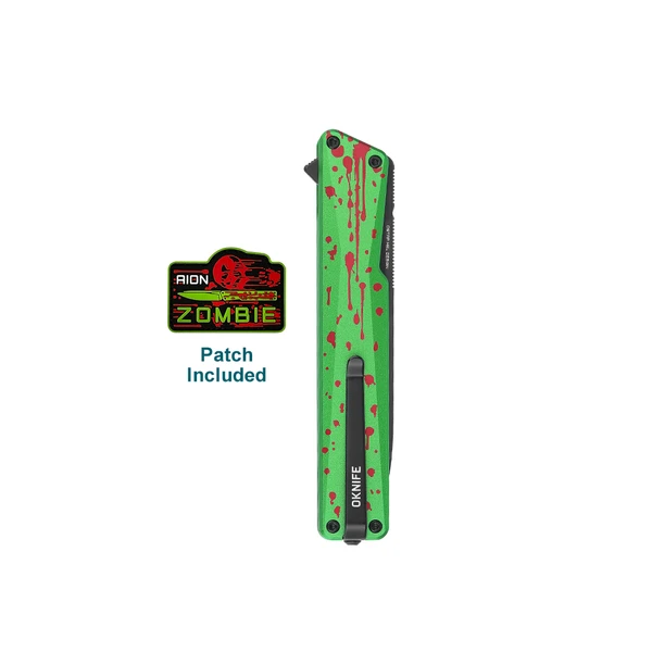 Oknife AION ZOMBIE themed green OTF knife with red blood spatter design and included patch.