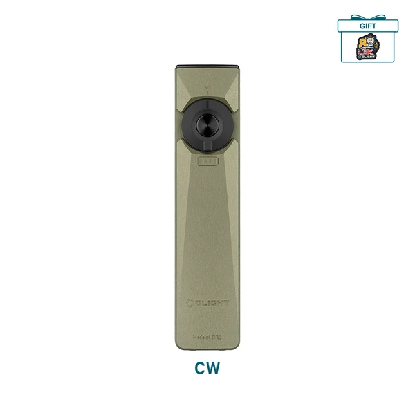 Olight Army Green Arkfeld Ultra Flashlight Front View with Black Rotary Switch and Battery Indicator for Everyday Carry