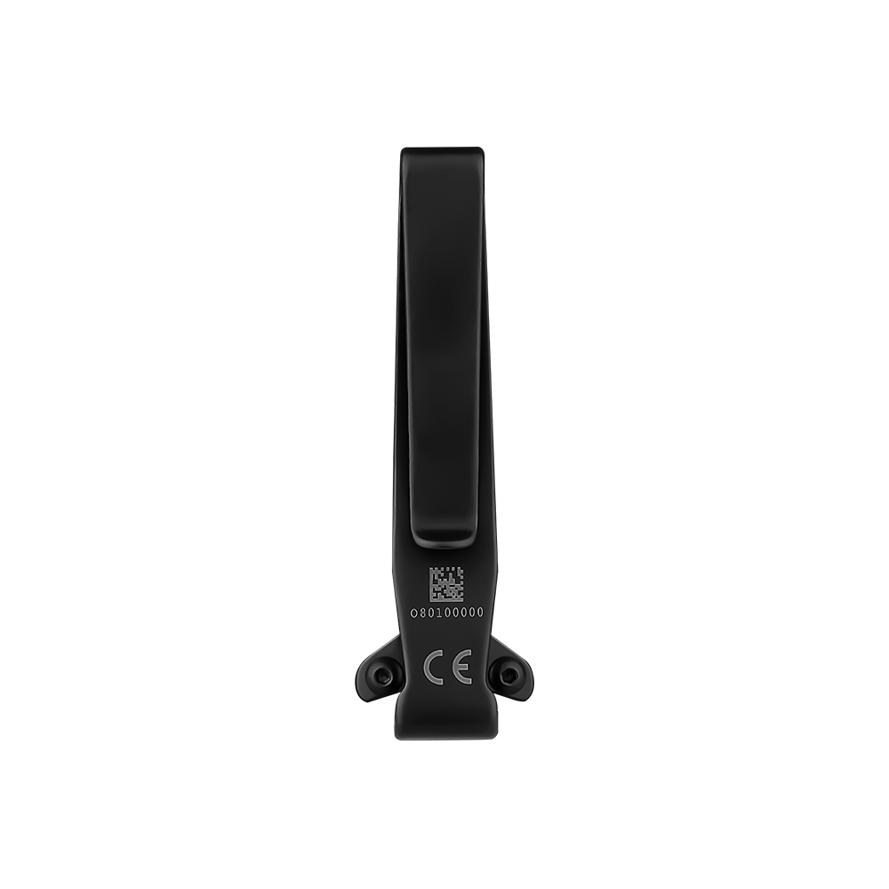 Black metal belt clip replacement part with serial number and CE mark isolated on white background