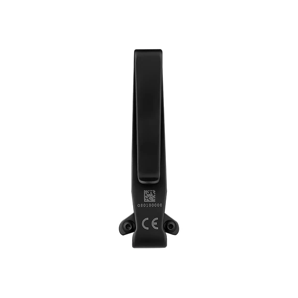Black metal belt clip replacement part with serial number and CE mark isolated on white background